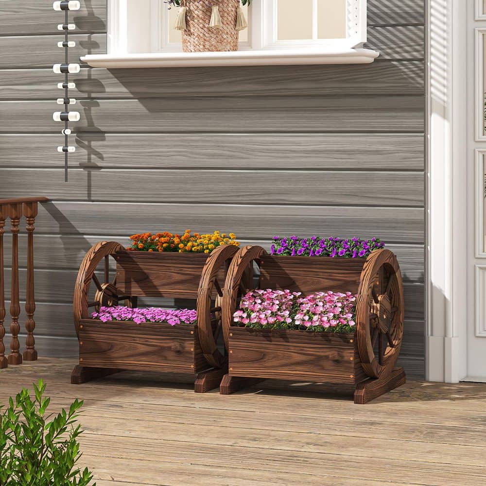 Rustic Brown Wooden Wagon Planter Box with Wheels for Indoor/Outdoor Use