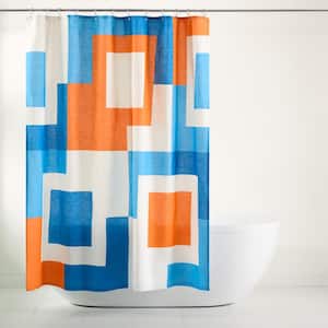 Lucy Mid Century 70 in. x 72 in. Cotton Squares Shower Curtain White Orange (Single Pack)