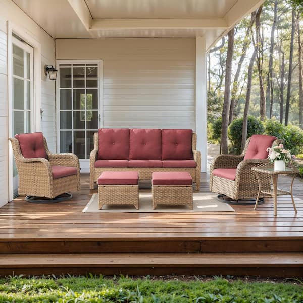 moosprr 6-Piece Yellow Wicker Patio Conversation Set with Olefin Red Cushions and Swivel Glider Chairs/Couch