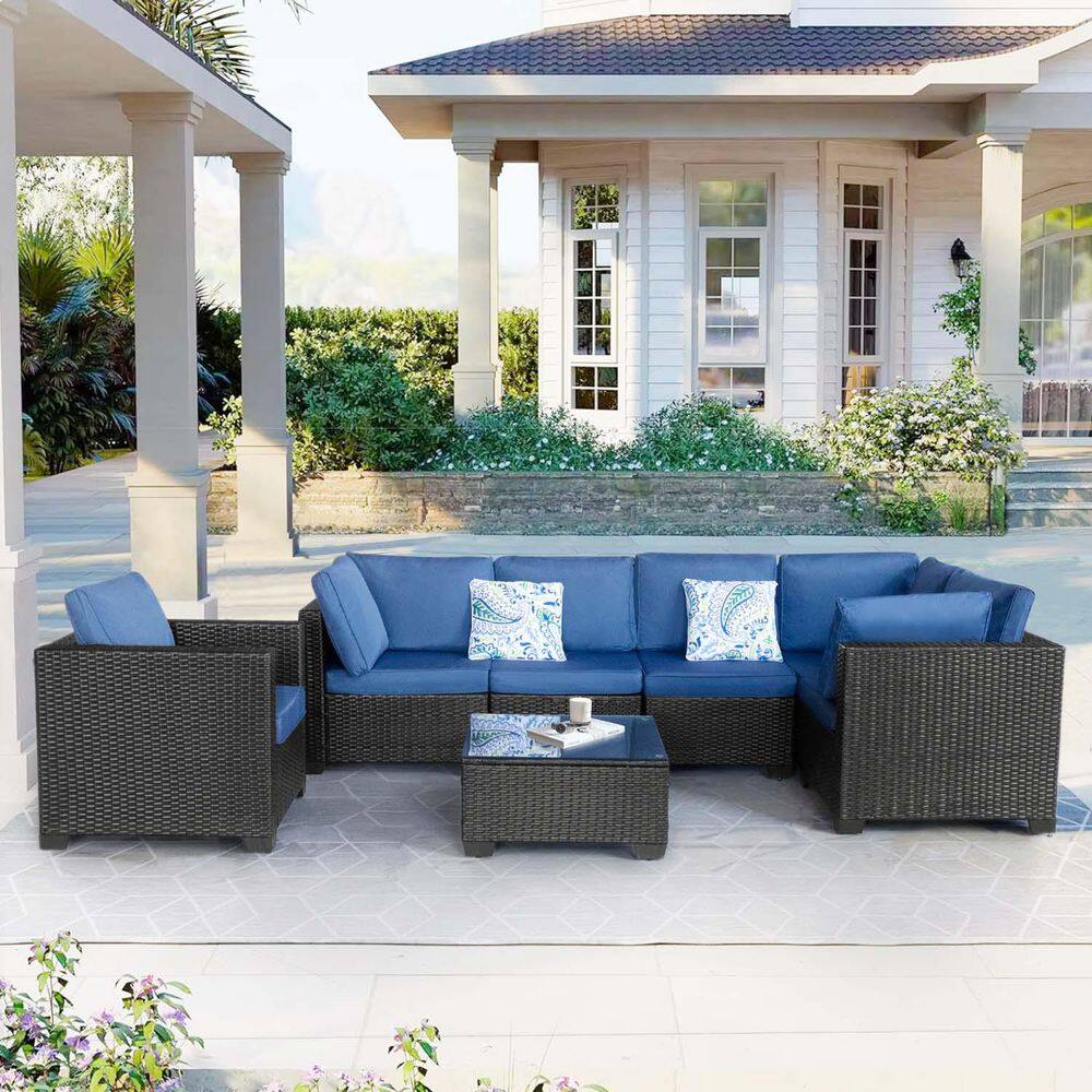 7-Piece Wicker Patio Conversation Set with Blue Cushions, Outdoor Wicker Co