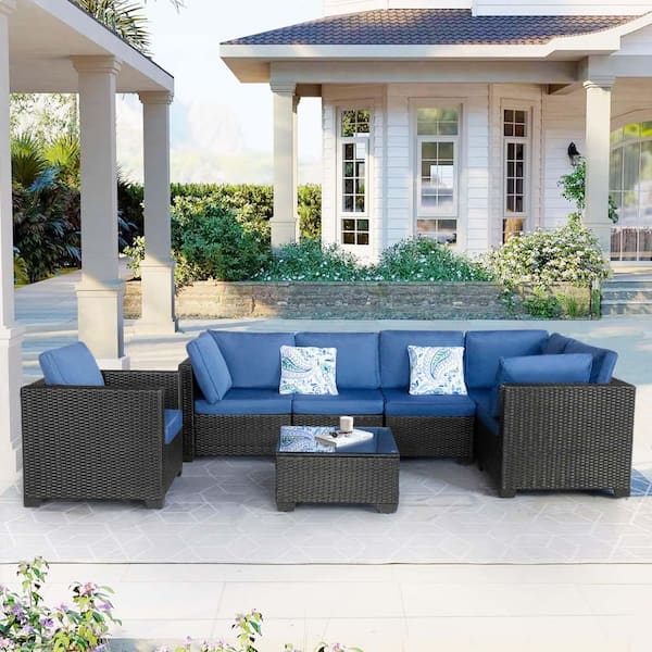 Unbranded 7-Piece Wicker Patio Conversation Set with Blue Cushions, Outdoor Wicker Conversation Couch Sectional Chair Sofa Set