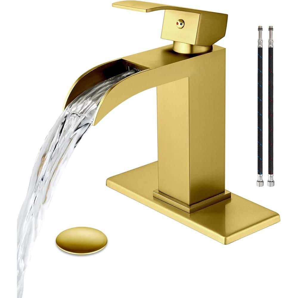 Single Handle Waterfall Vessel Sink Faucet for 1or 4 in. 3 Hole with Deck Plate and Pop up Drain, Brushed Gold price history on PriceWatchPro