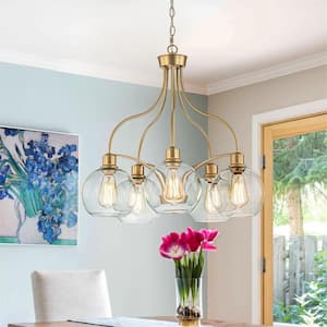 Jacob 5-Light Brass Contemporary Dinning Room Chandelier with Clear Glass Shade