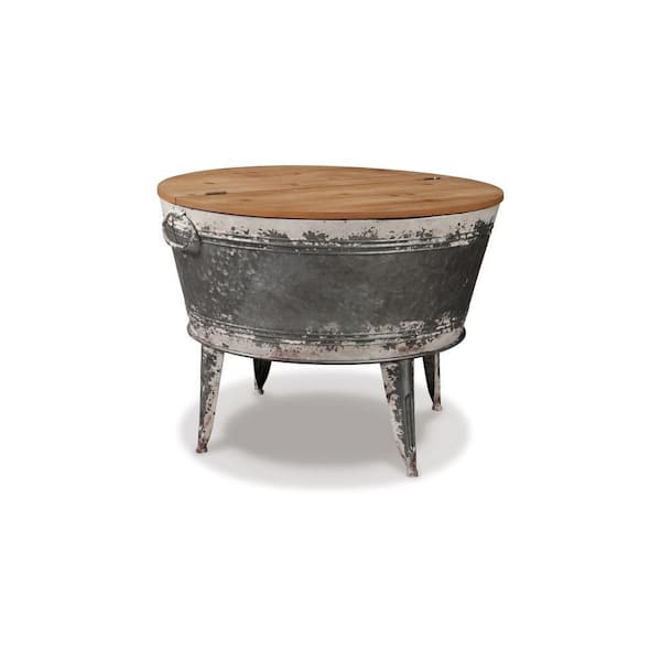 Benjara Custom Series 26.13 in. Brown and Silver Round Wood Coffee Table with Strong Metal Base