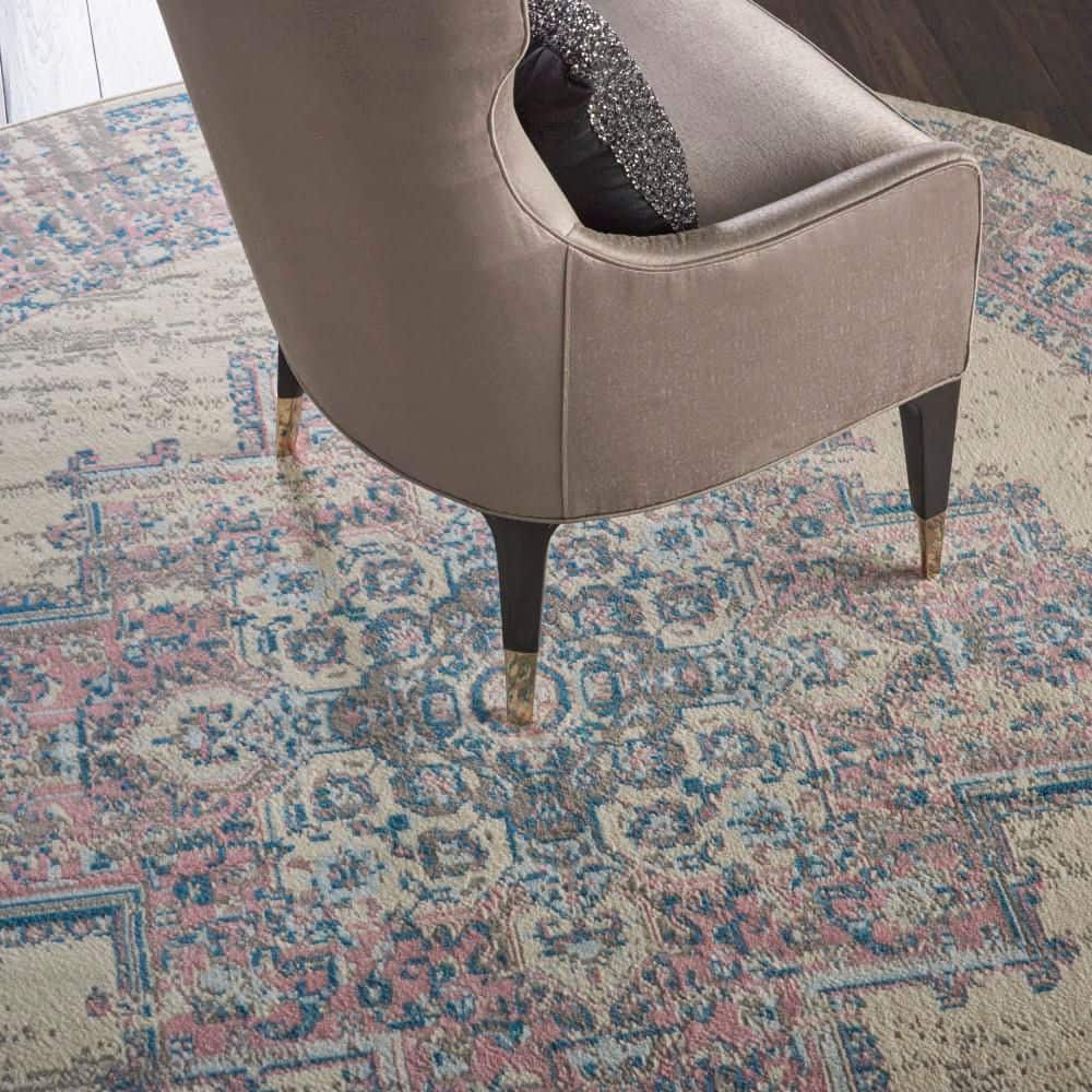 Elegant Medallion Hand-Knotted Round Rug in Ivory and Pink