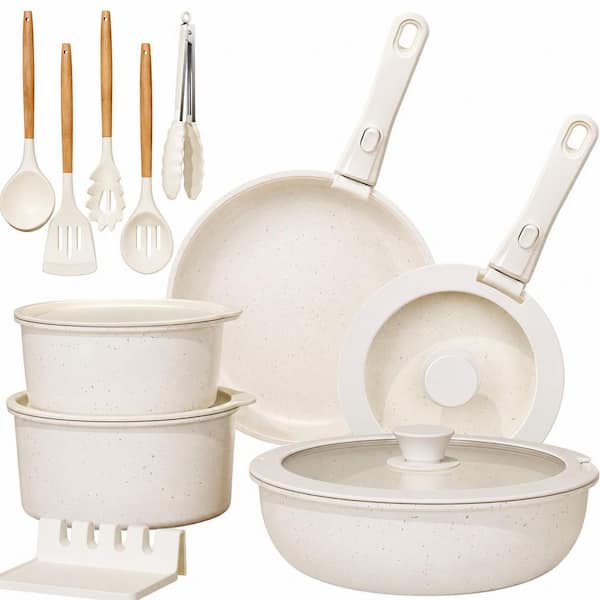 21-Piece Cream White Nonstick Aluminum Stackable Cookware Set with Removable Handle, Induction and Oven Safe
