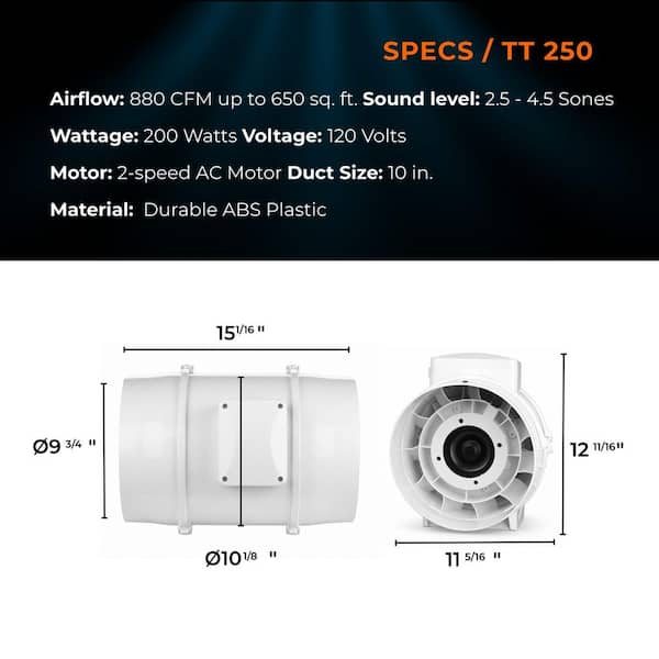 VENTS-US VENTS 880 CFM Power 10 in. Mixed Flow In-Line Duct Fan TT