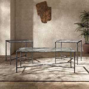 Parto Modern 47.2 in. Forged Metal Gray Rectangle Glass Top Coffee Table Set With 3 Pieces