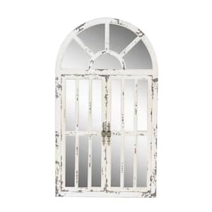 46 in. x 26 in. Window Pane Inspired 2 Door Arched Framed White Wall Mirror with Arched Top and Distressing