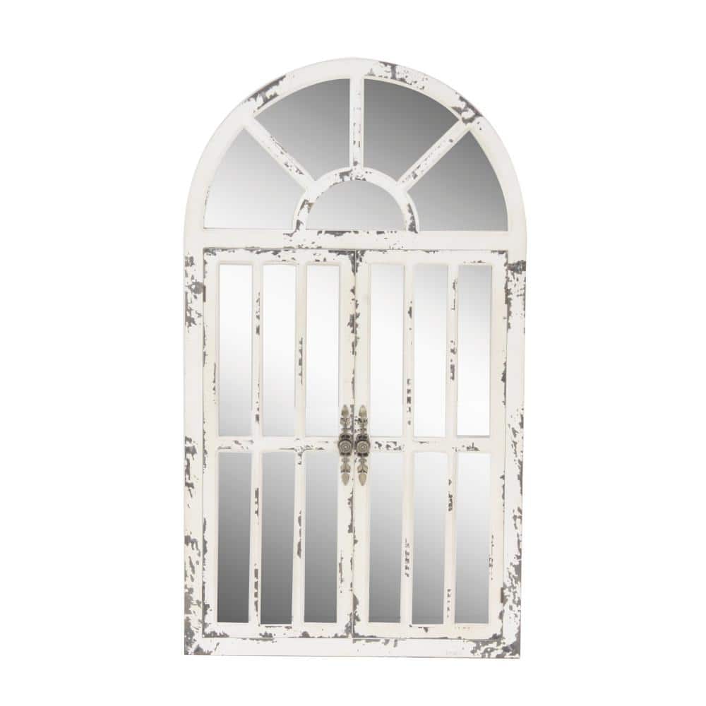 Vintage Farmhouse 26x46 Distressed White Wooden Arched Wall Mirror