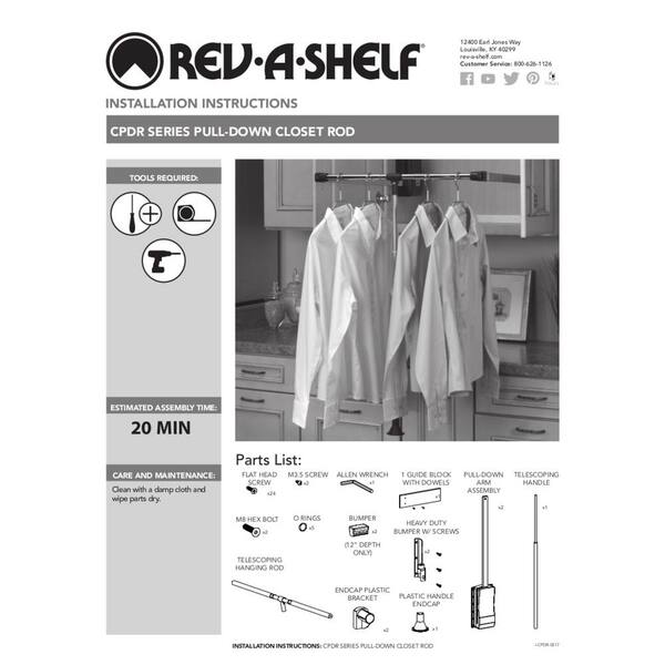 Rev-A-Shelf 21.5 - 26 Adjustable Pull Down Closet Rod, Chrome, CPDR-1826