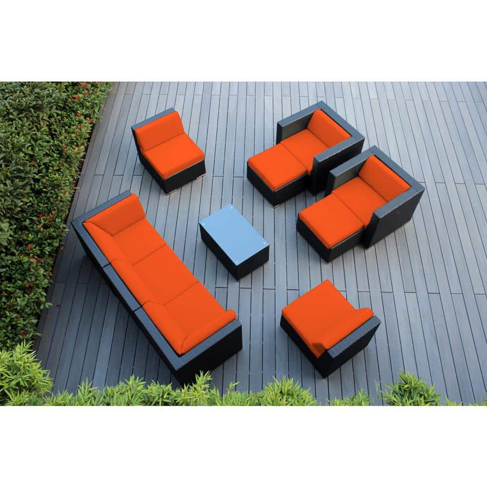 Black 10-Piece Wicker Patio Seating Set with Supercrylic Orange Cushions