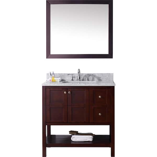 Virtu USA Winterfell 36 in. W x 22 in. D Vanity in Cherry with Marble Vanity Top in White with White Basin and Mirror