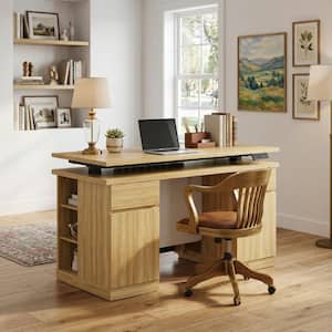 54.3 in. Rectangular Yellow Wood Grain 2-Drawer Writing Desk with Adjustable Height and Shelves, Socket and Pegboard