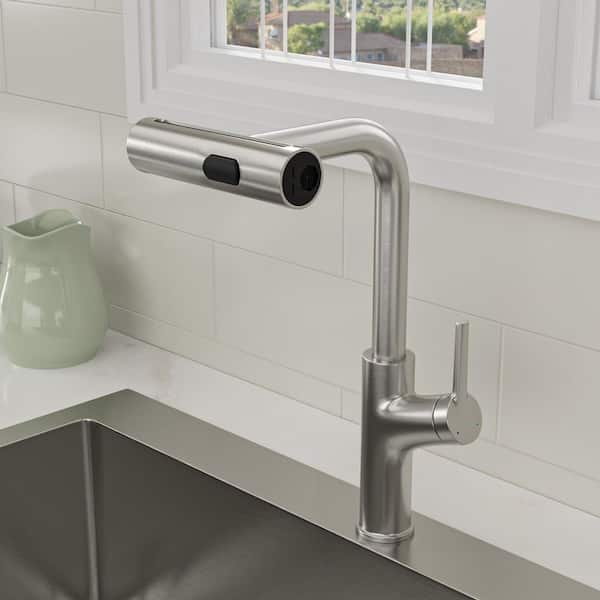 Brushed Nickel 8 in. 360° Swivel Waterfall Single Handle Pull Down Sprayer Kitchen Faucet Deckplate Not Included