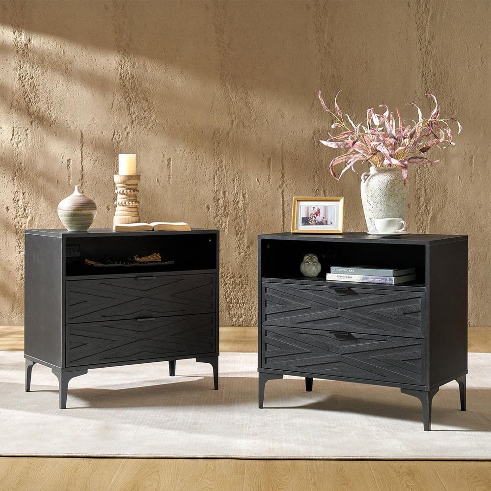 Ditma Black 27 in. H Modern 2-Drawer Nightstand with Charging Port Set of 2