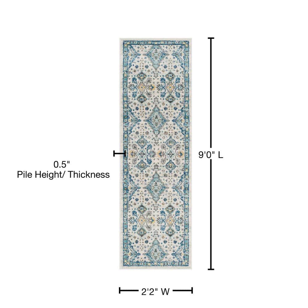 Ivory and Light Blue Synthetic Hand-knotted Runner Rug