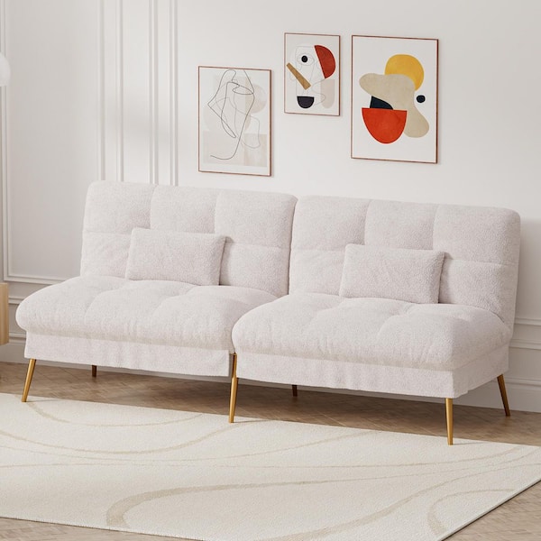 ComHoma 65 in. White Fabric Futon Couch with Adjustable Backrest Convertible Futon Sofa Bed Convertible Sofa Bed