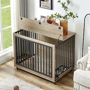 Furniture Style Dog Crate Side Table With Feeding Bowl, Wheels, 3-Doors, Flip-Up Top for Small to Medium Dog