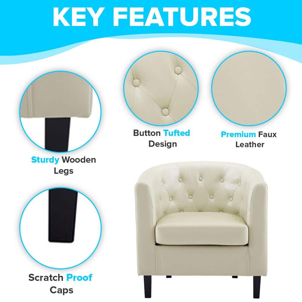 Cream Faux Leather Barrel Accent Chair with Rolled Arms