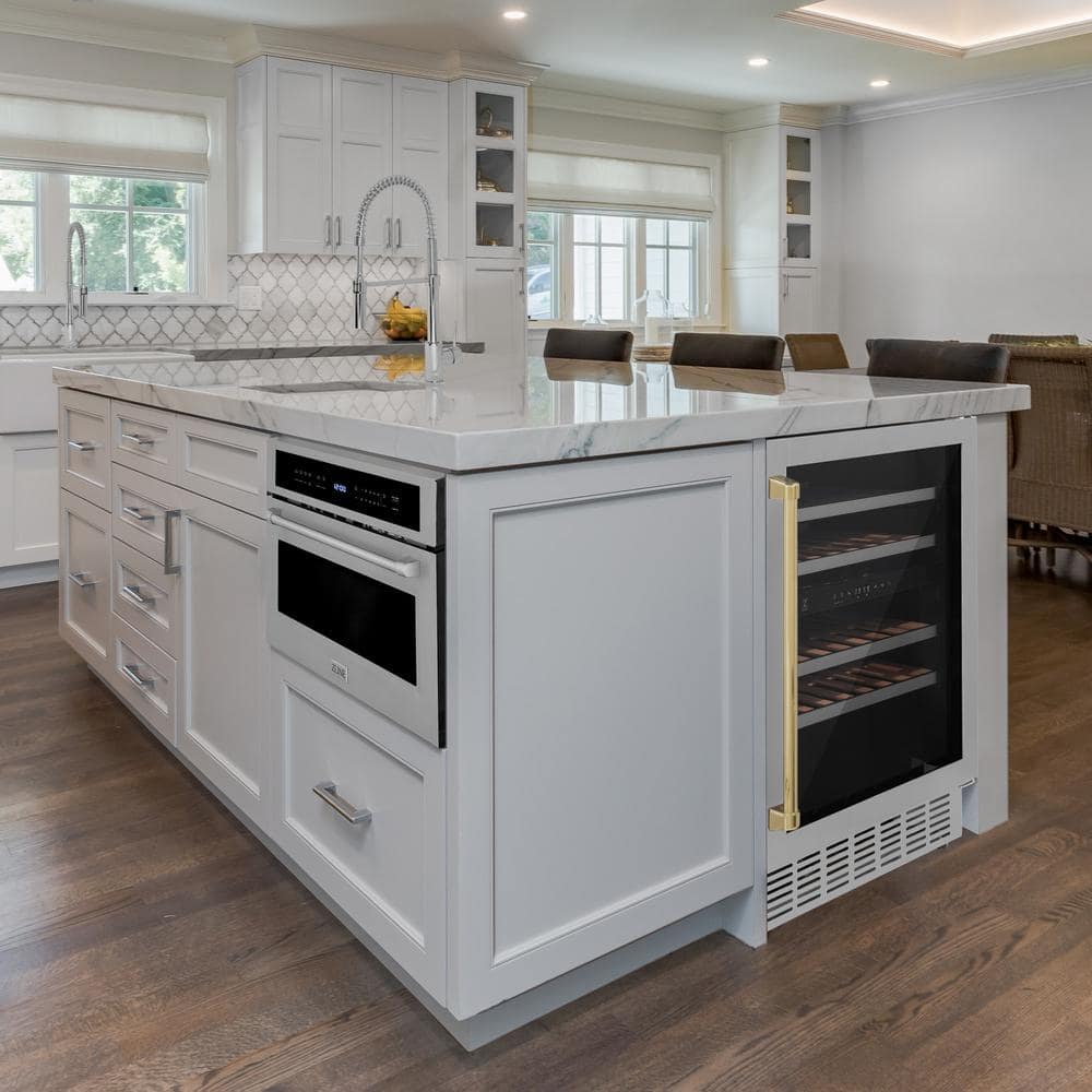 Stainless Steel Dual Zone Wine Cooler with Gold Handle and Interior Lighting