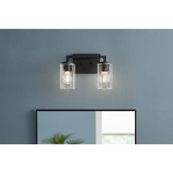 Home Decorators Collection Helenwood 12.75 in. 2-Light Matte Black Bathroom Vanity Light with Clear Seeded Glass