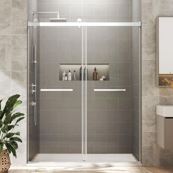 56 in.-60 in.W x 76 in.H Double Sliding Frameless Shower Door w/ 5/16-in (8mm)Tempered Glass,Stainless Steel Accessories
