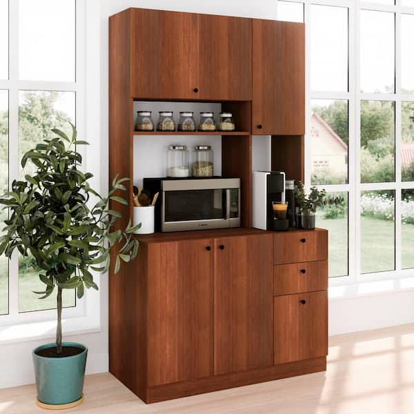 Living Skog Scandi 71 in. Dark Cherry Tall Pantry Kitchen Storage Cabinet Buffet with Hutch for Microwave with Drawers, Brown