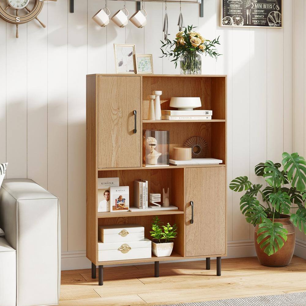 Natural wood storage cabinet with various decorative items on shelves.