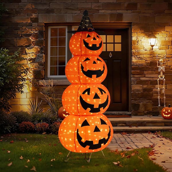 Glitzhome 94.5 in. H Lighted Halloween 3D Foldable Fabric Jack-O