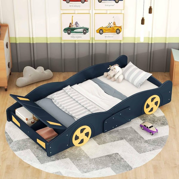 Dark Blue Wood Frame Twin Size Platform Bed with Wheels and Storage