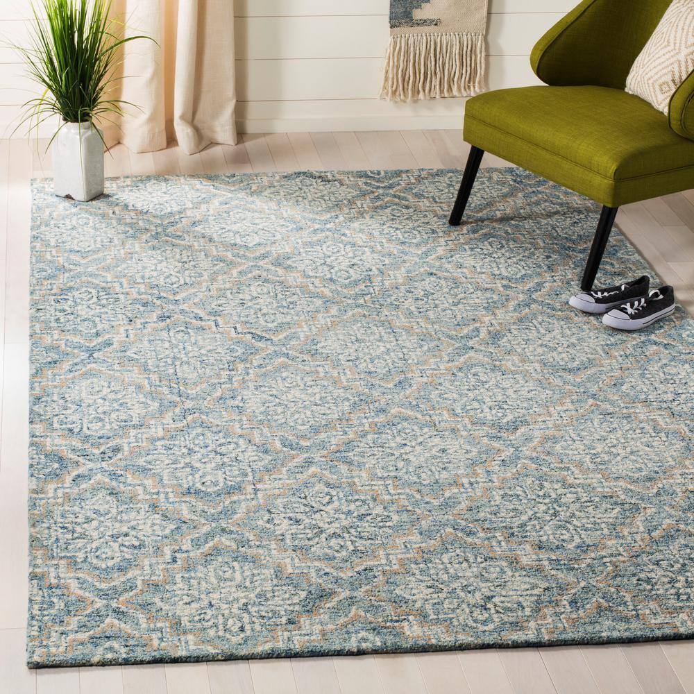 Handmade Abstract Tufted Blue Wool Square Rug - 4' x 4'