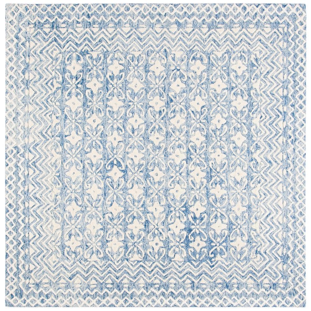 Handmade Blue Floral Tufted Wool Square Area Rug, 6' x 6'