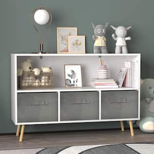 35.43 in. W White Wood Storage Cabinet with Fabric Drawers Kids Bookcases Display Shelves Toy Storage Cabinet Organizer