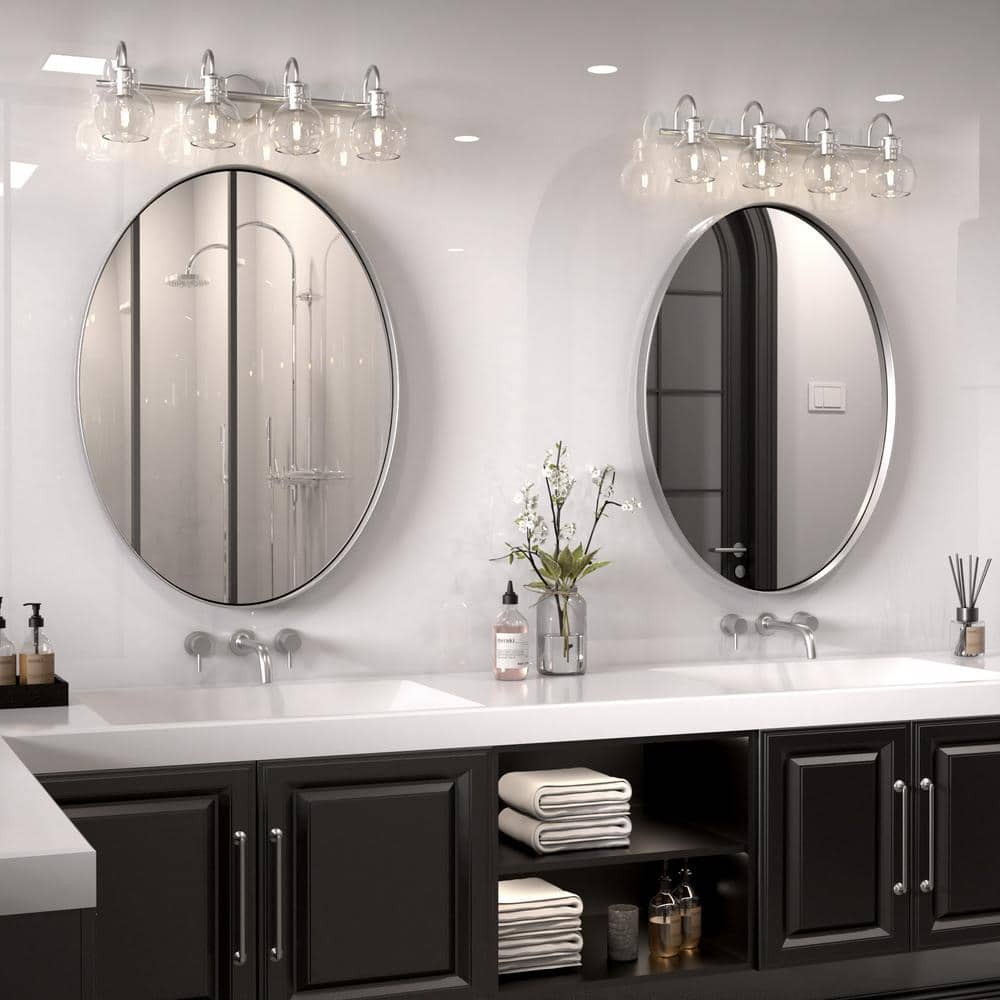 Modern Polished Silver Oval Vanity Mirror with Stainless Steel Frame