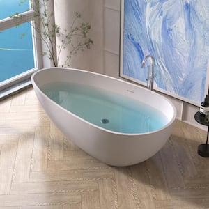 Foyil 67 in. x 34 in. Solid Surface Stone Resin Flatbottom Freestanding Bathtub Soaking Bathtub in Matte White