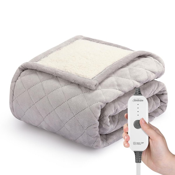 Sunbeam 50 in. x 60 in. Quilted Nordic Velvet Reverse Sherpa Heated Throw Electric Blanket, Dove Grey