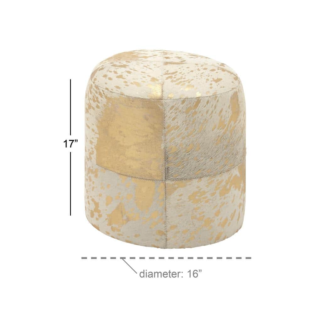 Elegant Gold Leather Round Pouf with Handmade Patchwork Design
