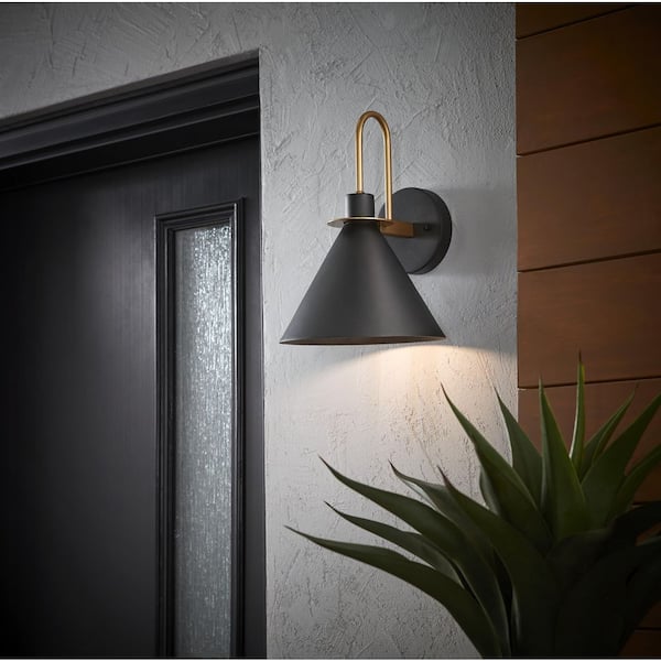 Cagney 12.37 in. Modern 1-Light Sand Black with Gold Hardwired Barn Light Outdoor Wall Light Sconce