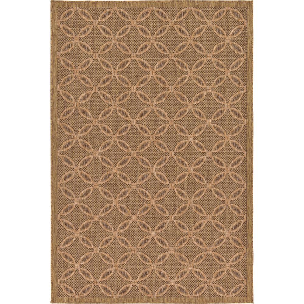 Ivory and Light Brown Geometric Synthetic Area Rug, 5x8 ft