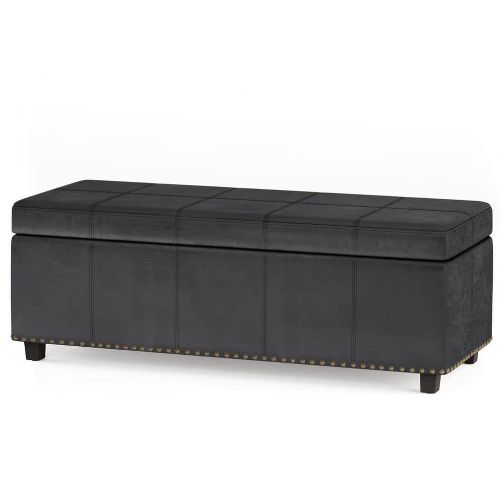 Transitional Distressed Black Tufted Large Storage Footstool