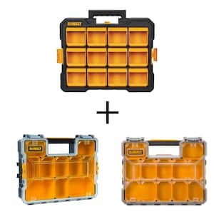 12 Compartment Flip Bin Small Parts Organizer, 10-Compartment Deep Pro and 10-Compartment Shallow Pro Organizers