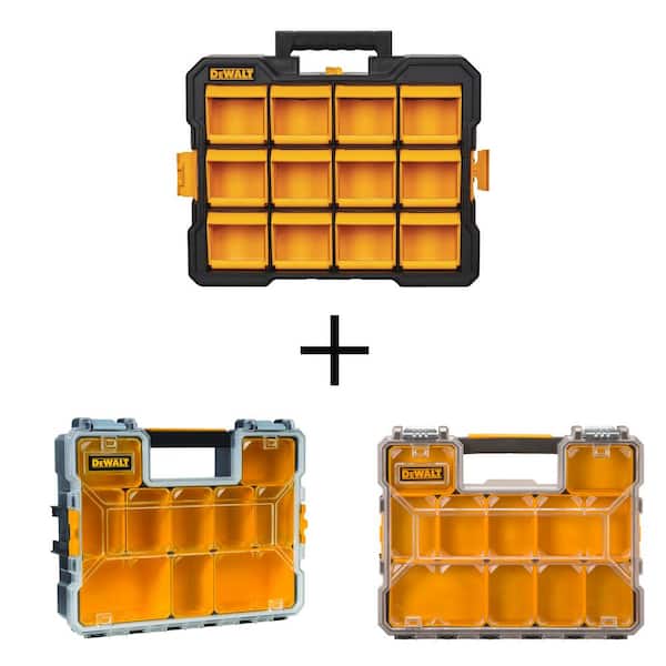 12 Compartment Flip Bin Small Parts Organizer, 10-Compartment Deep Pro and 10-Compartment Shallow Pro Organizers