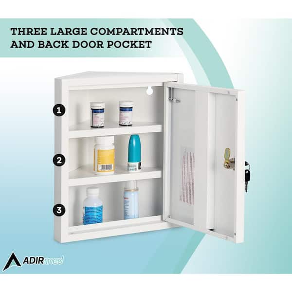 14.96 in. W x 14.96 in. H Steel White 2-Shelf Corner Wall Surface Mount Medicine Cabinet without Mirror, Locking