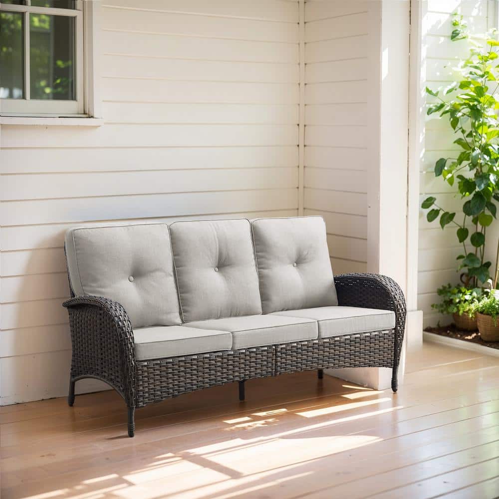 Brown Wicker Outdoor Couch, Rattan Wicker 3-Seat Sofa Deep Seat Couch with Beige Cushions for Garden Backyard price history on PriceWatchPro
