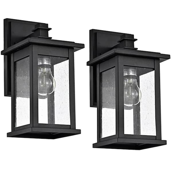 Unbranded Matte Black Outdoor E26 Downlight Wall Lantern Sconce with Clear Glass Weathered