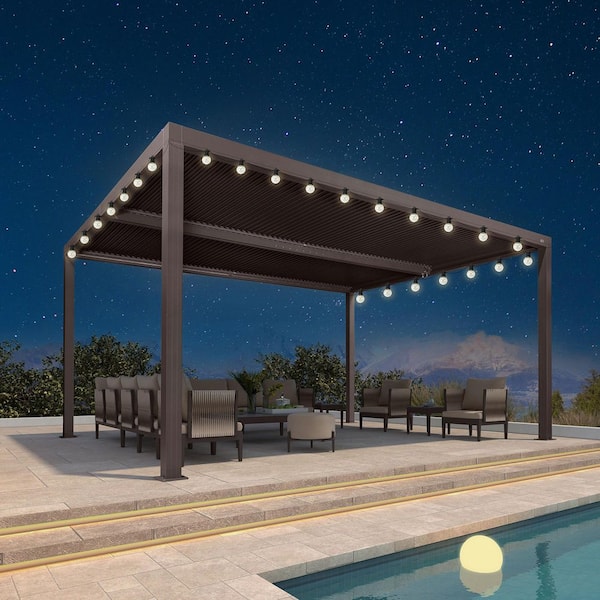 12 ft. x 16 ft. Bronze Aluminum Frame Outdoor Louvered Pergola with Adjustable Sunshade Roof and Solar String Lights