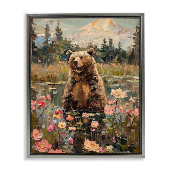 Stupell Industries Bear in Floral Pond by Arlington Prints Gray Floater Frame Animal Graphic Art Print 21 in. x 17 in.