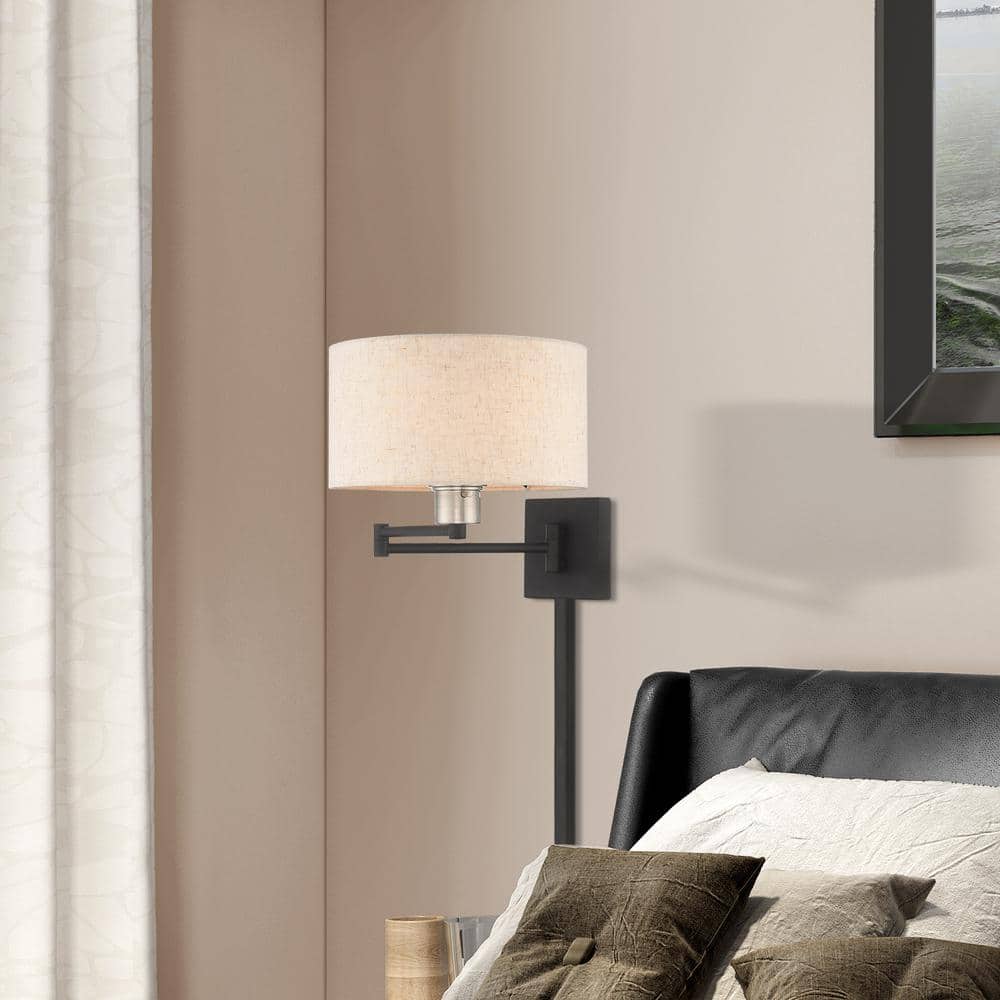 Black Steel Swing Arm Wall Lamp with Oatmeal Fabric Shade