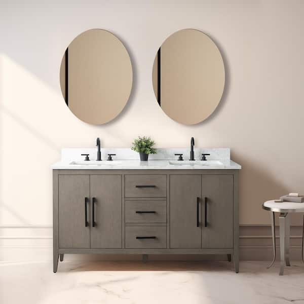60 in. W x 22 in. D x 34 in. H Double-Sink Bath Vanity in Driftwood Gray with Engineered Marble Top in Arabescato White